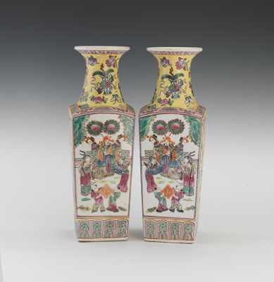 Appraisal: A Pair of Famille Jaune Vases Of tapered square body