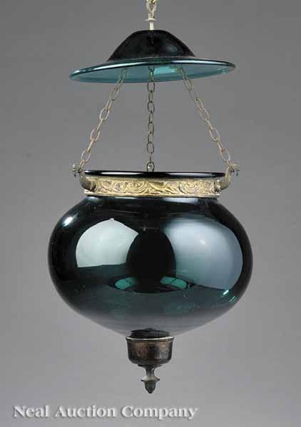 Appraisal: An Antique English Emerald Green Glass and Brass-Mounted Hall Lantern