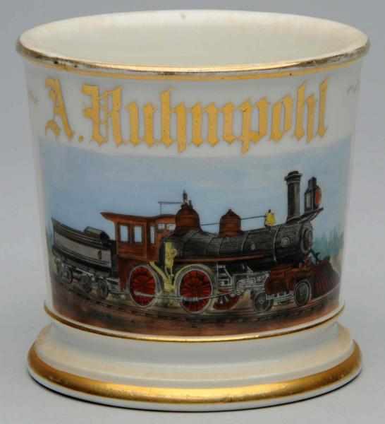 Appraisal: Unusual Multicolor Locomotive Shaving Mug Gilt name A Ruhmpohl Great