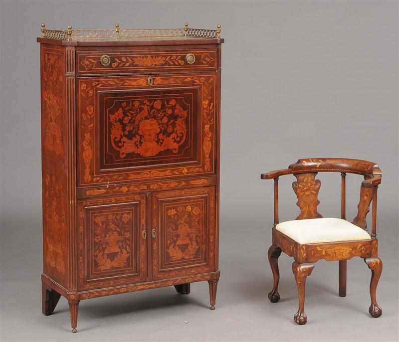 Appraisal: DUTCH NEOCLASSICAL FLORAL MARQUETRY AND MAHOGANY SECRETAIRE ABATTANT The pierced