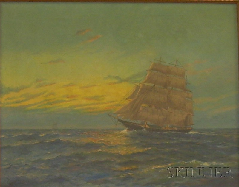 Appraisal: Framed Oil on Canvas Ship Sailing at Sunset inscribed EG