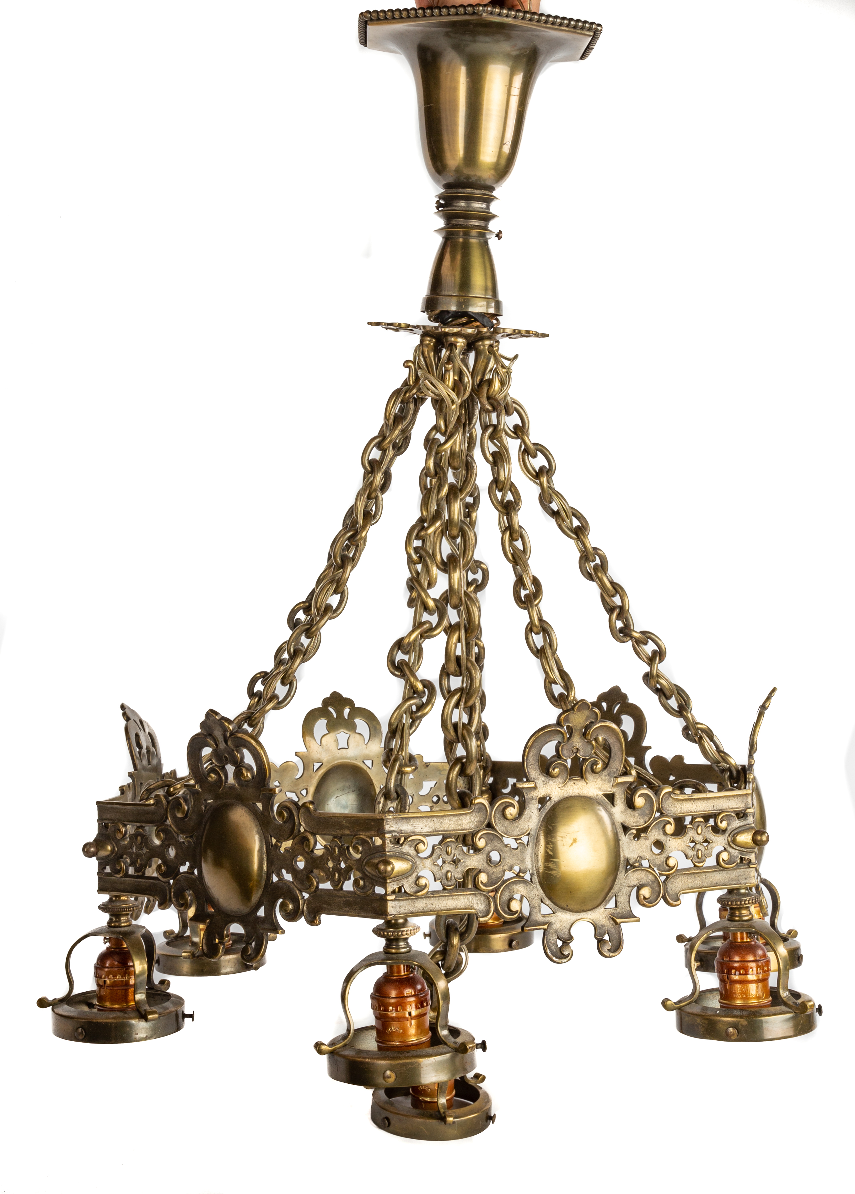 Appraisal: CAST BRASS ARTS CRAFTS HANGING CHANDELIER lights