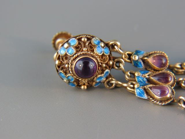 Appraisal: Chinese Enamel Amethyst Earrings Peking style enamel gold on silver