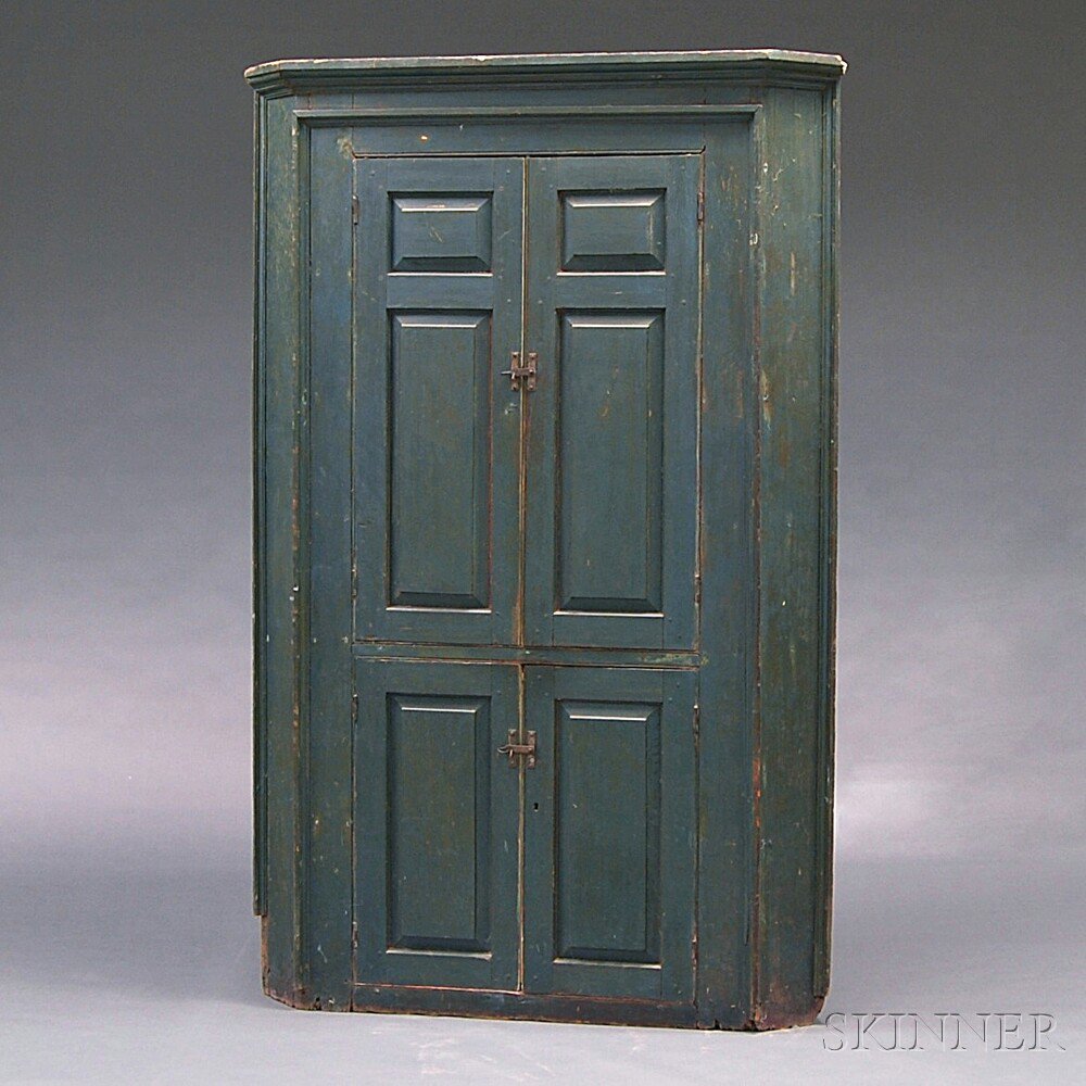 Appraisal: Blue-painted Pine Corner Cupboard New England late th century with