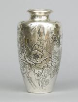 Appraisal: Solid Silver Repousse Vase Japanese Pretty vase with baluster shaped