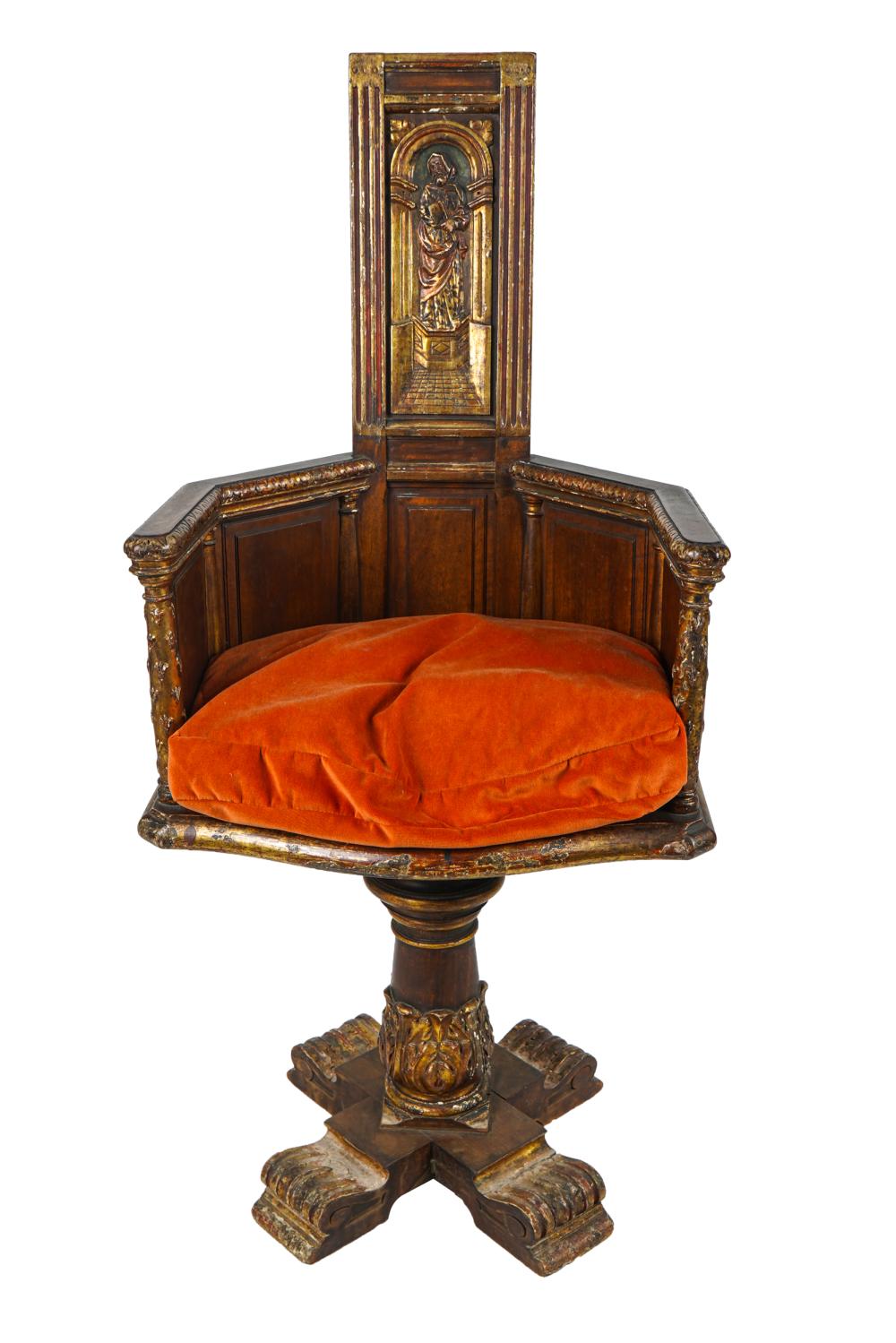 Appraisal: RENAISSANCE-STYLE GILT PAINTED WALNUT CHAIRwith relief panels Condition overall wear