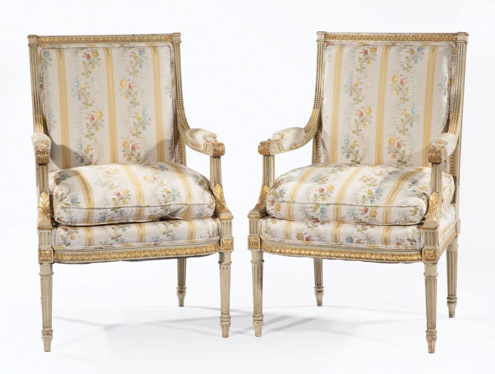 Appraisal: Pair of Louis XVI-Style Creme Peinte and Gilt Fauteuils late