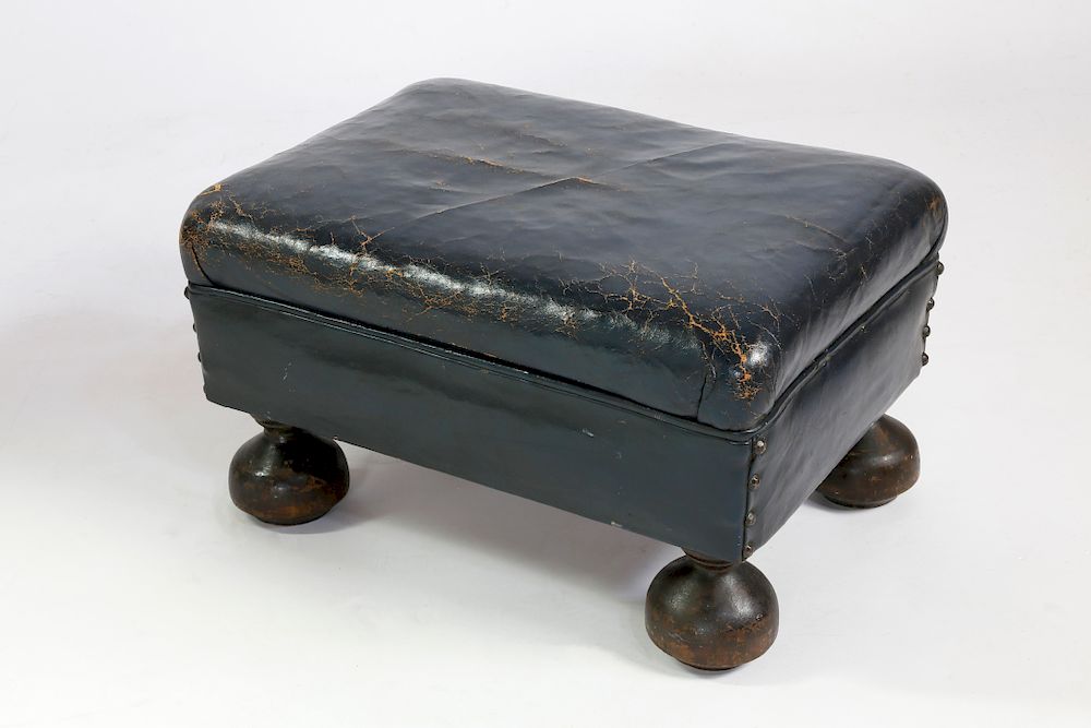 Appraisal: Navy Blue Leather Upholstered Foot Stool on Bun Feet Exclusive