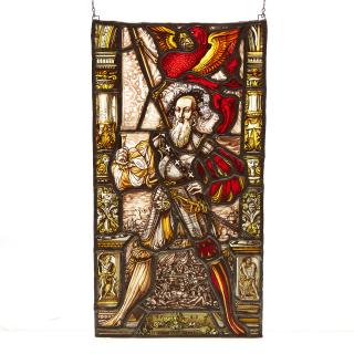 Appraisal: Landsknecht German antique stained glass panel Landsknecht German antique stained