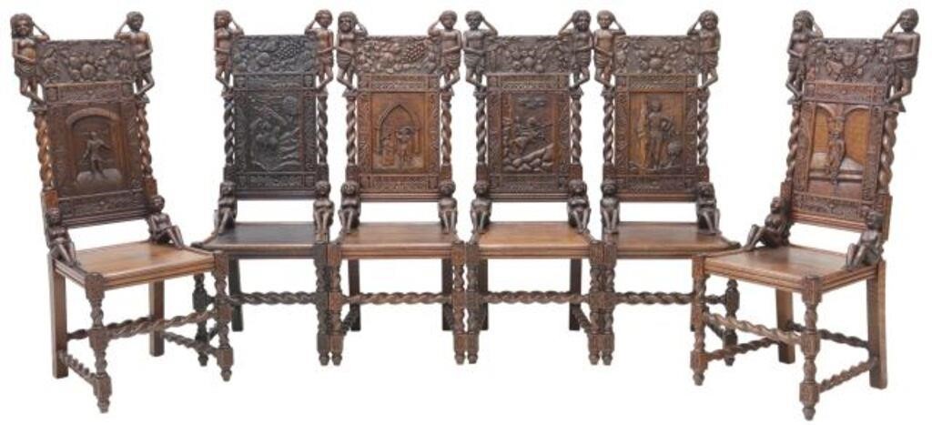 Appraisal: lot of English Renaissance Revival figural carved oak chairs late