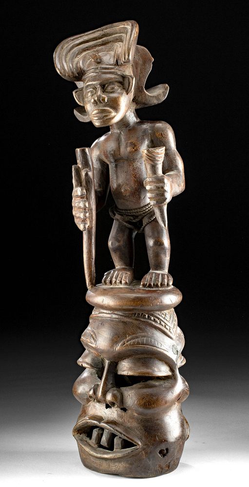 Appraisal: th C African Chokwe Wood Rattle - Figure Atop Head