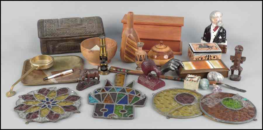 Appraisal: COLLECTION OF DECORATIVE ITEMS Comprising boxes carved wood figures a