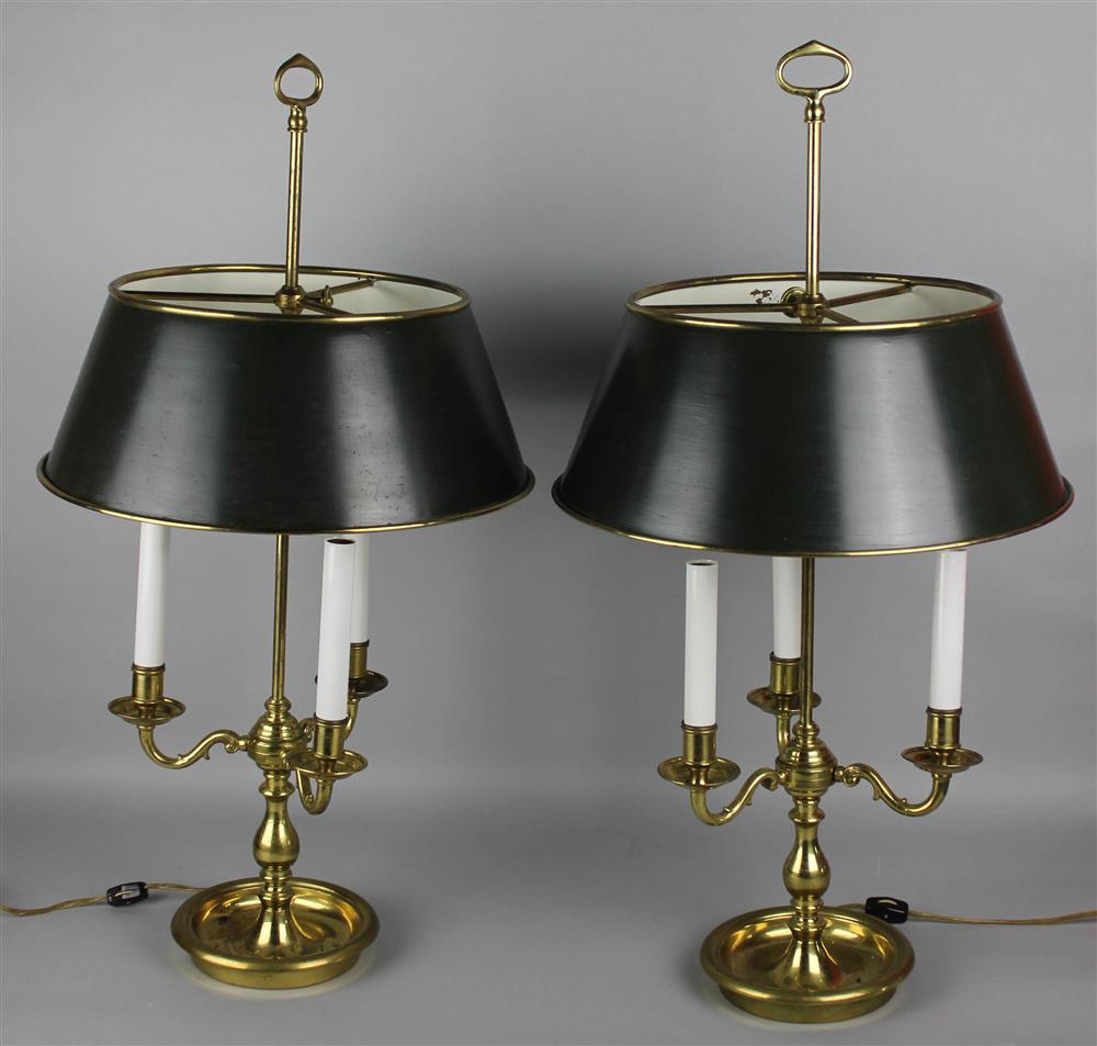 Appraisal: PAIR OF FRENCH BRASS AND TOLE THREE-LIGHT BOUILLOTTE LAMPS both