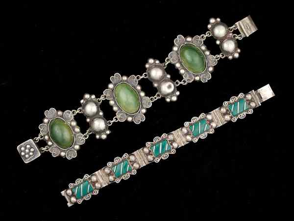 Appraisal: Sterling Mexican Silver Tribal Bracelet Collection A sterling silver tribal