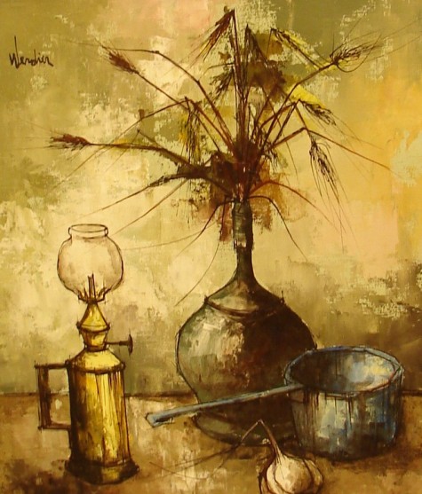 Appraisal: Oil on canvas still life with oil lamp SUL Werdier