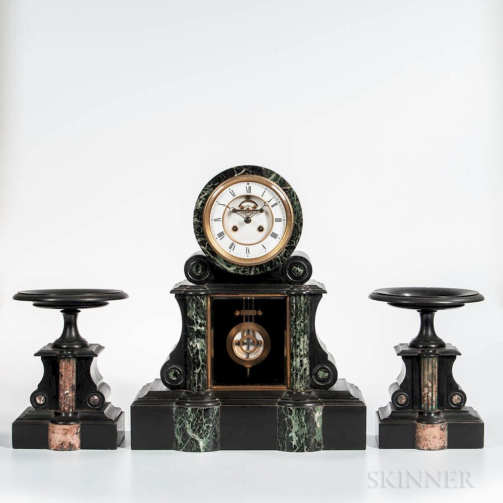 Appraisal: French Belgian Black Slate Clock and Garniture Set French Belgian