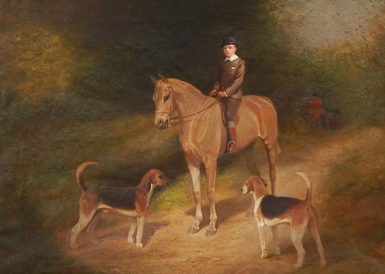 Appraisal: thC British School Young gentleman on horseback with hounds oil