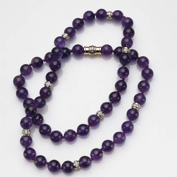 Appraisal: An amethyst bead diamond and k gold necklace length in