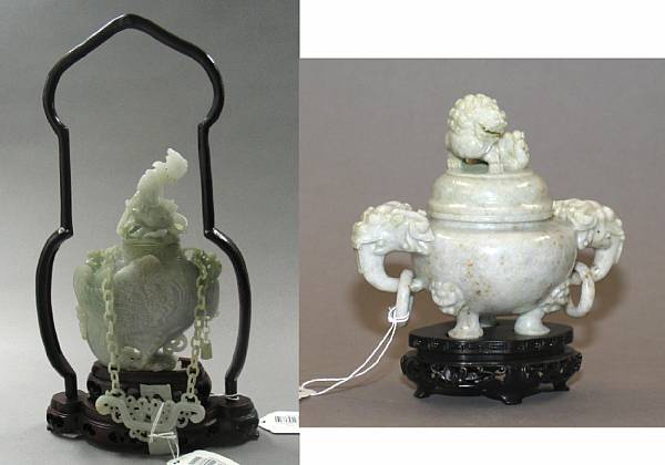 Appraisal: Two jadeite covered vessels The first carved from mottled pale