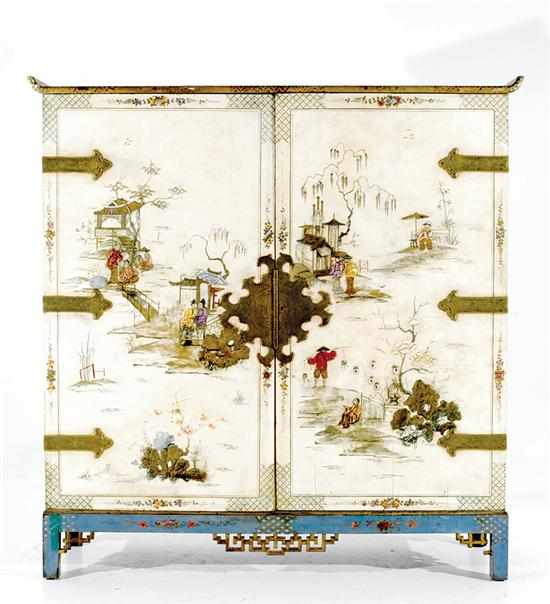 Appraisal: Continental chinoiserie-decorated wardrobe mid th century rectangular top with upswept