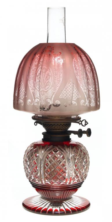 Appraisal: A VICTORIAN RUBY FLASHED AND CUT GLASS OIL LAMP the