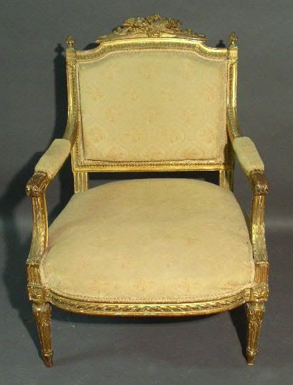 Appraisal: French open armchair with gilt decoration h x w x