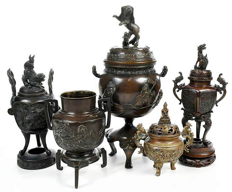 Appraisal: Five Asian Bronze Figural Censers th th century including three