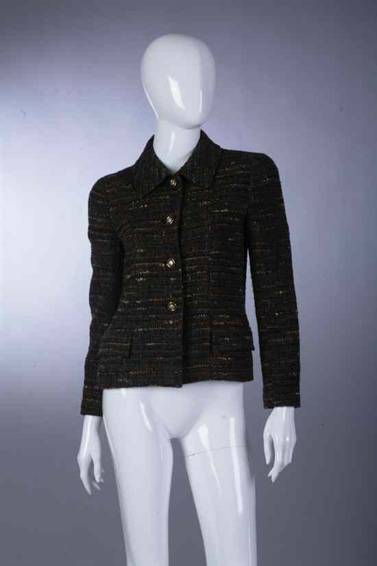 Appraisal: CHANEL BROWN WOOL BOUCL JACKET Autumn size With gold-tone Coco