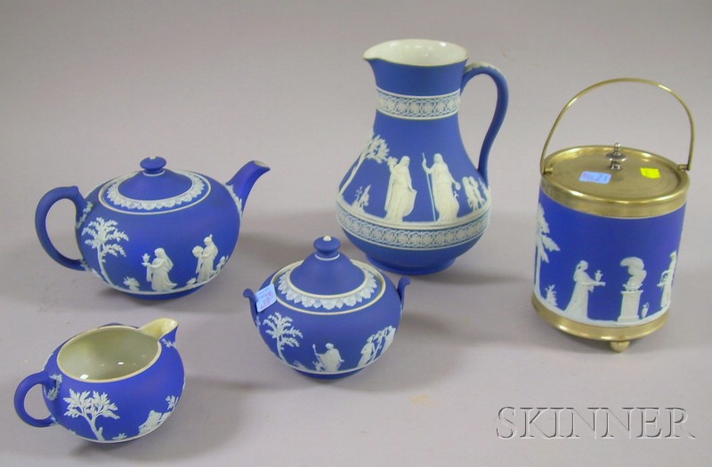 Appraisal: Five Wedgwood Dark Blue Jasper Dip Items a three-piece tea