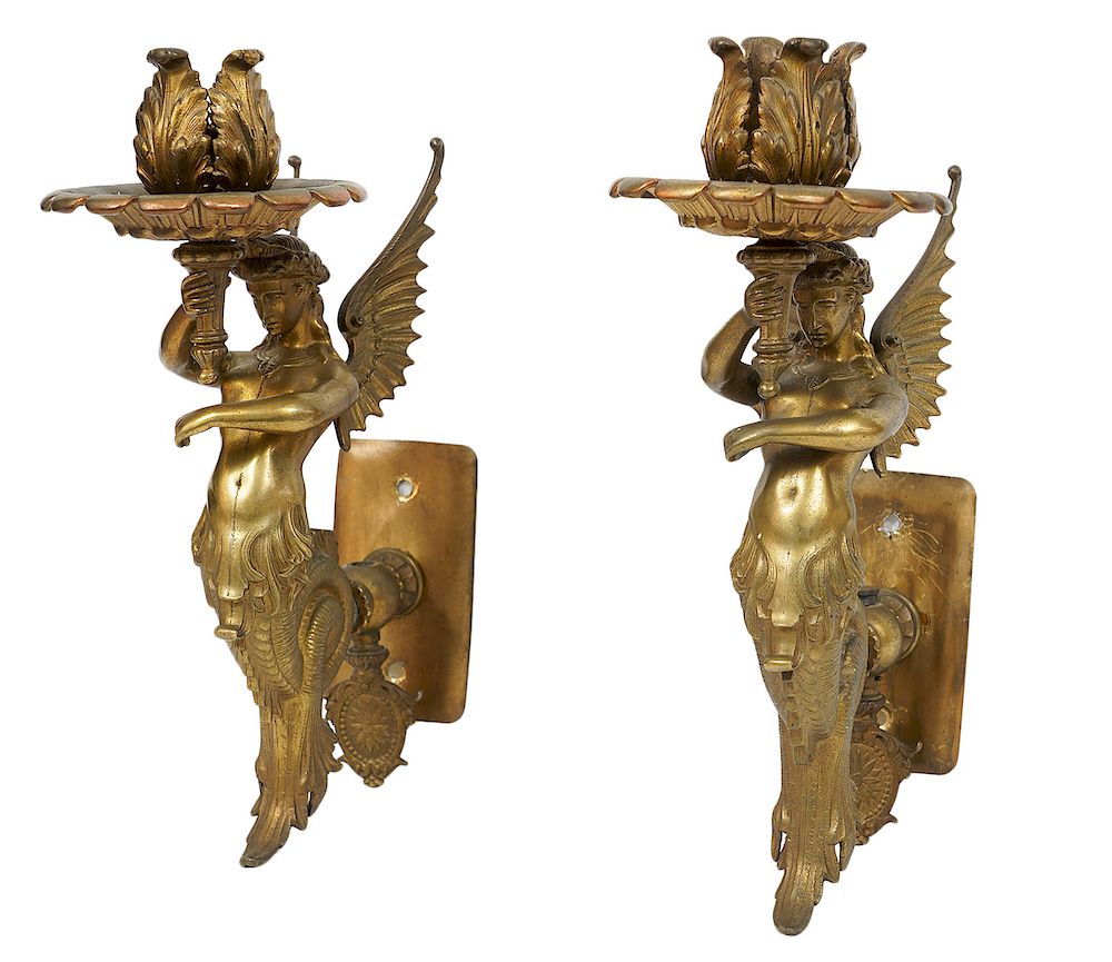 Appraisal: Pr French Bronze Winged Mythical Mermaid Sconces Pair of French