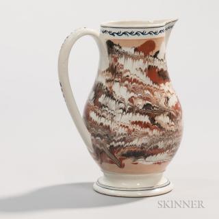 Appraisal: Marbled and Combed Slip-decorated Jug with Chinoiserie Embellishments England c