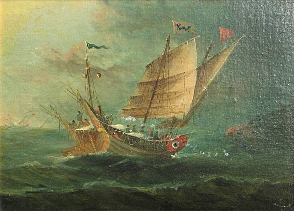 Appraisal: Anglo-Chinese School A junk in rough waters oil on canvas