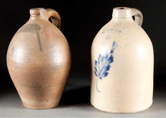 Appraisal: Two American cobalt decorated salt-glazed stoneware jug mid th century