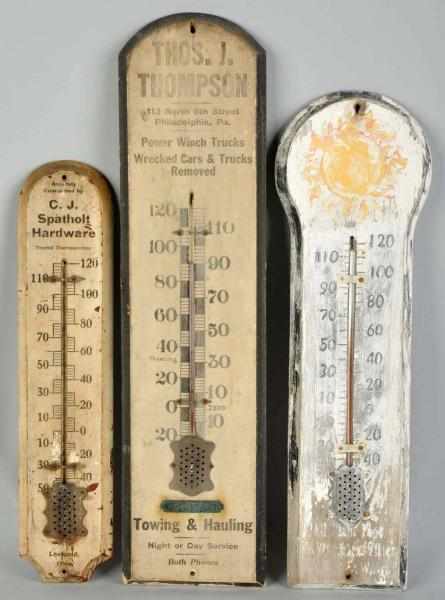 Appraisal: Lot of Wooden Advertising Thermometers Description Includes Thomas J Thompson