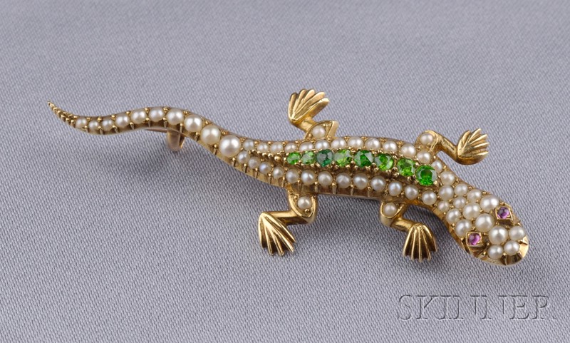 Appraisal: Antique Seed Pearl and Demantoid Garnet Lizard Brooch pave-set with