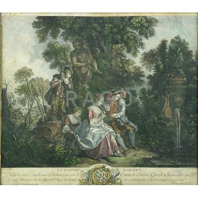 Appraisal: FRENCH HAND-COLORED ENGRAVING Le Maitre Galant th c early frame