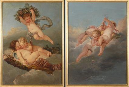 Appraisal: CONTINENTAL SCHOOL FLYING PUTTI A pair of oils on canvas