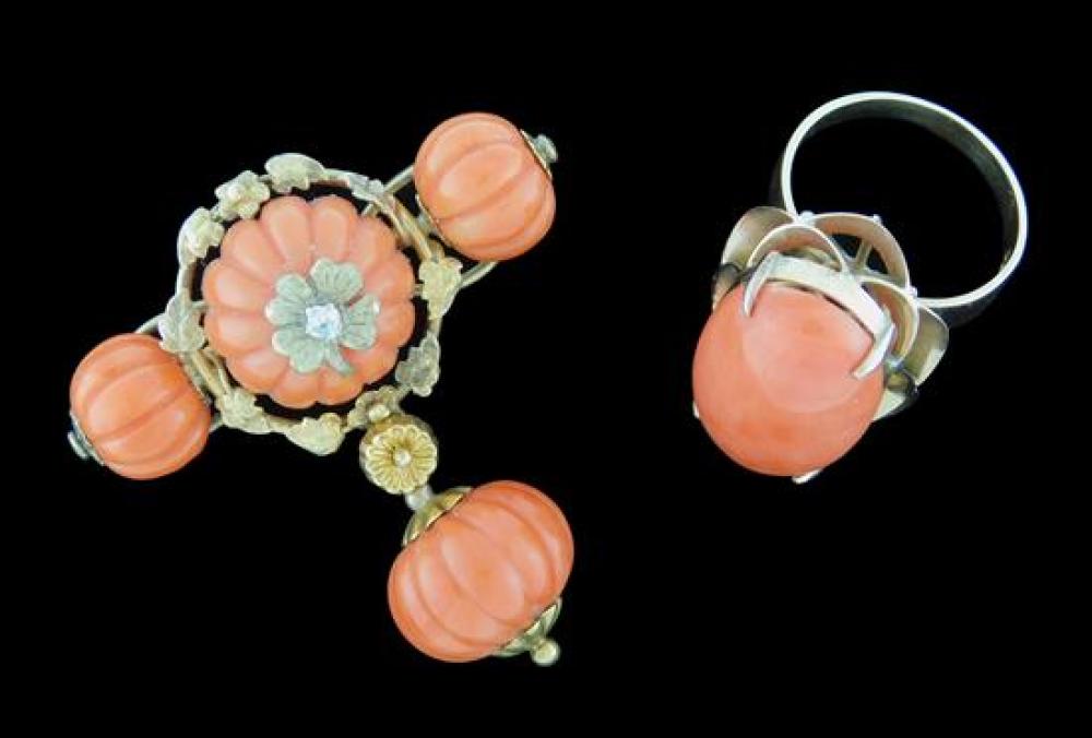 Appraisal: JEWELRY K Coral Brooch and Ring Victorian coral brooch tested