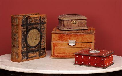 Appraisal: THREE VELVET-COVERED BOXES AND A PICTORIAL BIBLE The bible super