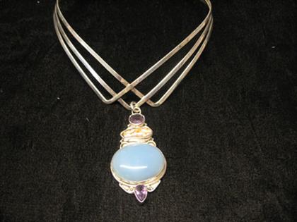 Appraisal: Sterling silver baroque pearl and amethyst necklace Three strands of