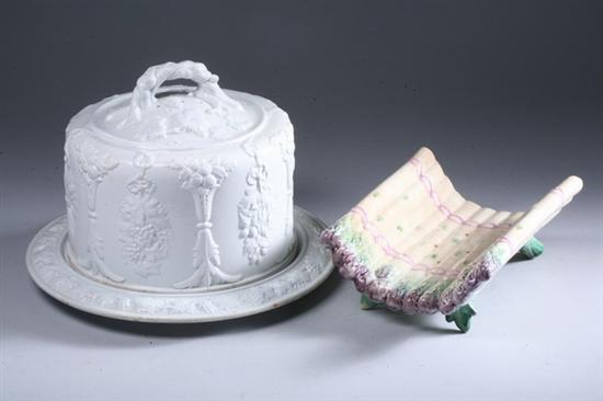 Appraisal: ENGLISH PORCELAIN CHEESE DOME AND MAJOLICA ASPARAGUS DISH late th