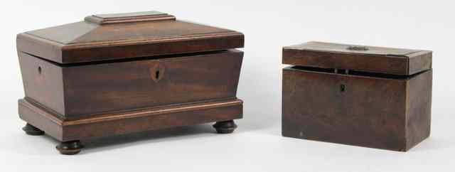 Appraisal: A sarcophagus shaped mahogany tea caddy circa cm wide and