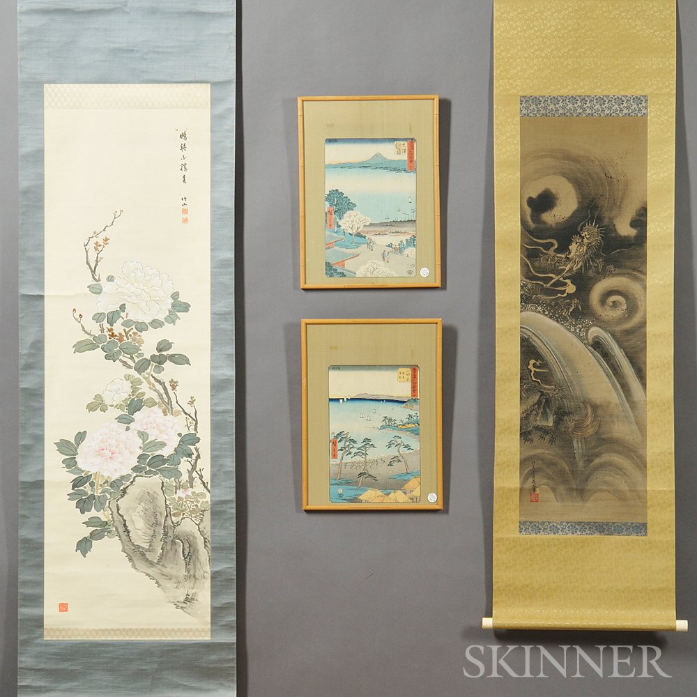 Appraisal: Two Scroll Paintings and Two Woodblock Prints a hanging scroll