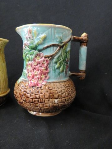 Appraisal: Majolica Pottery Pitcher floral basketweave two chips