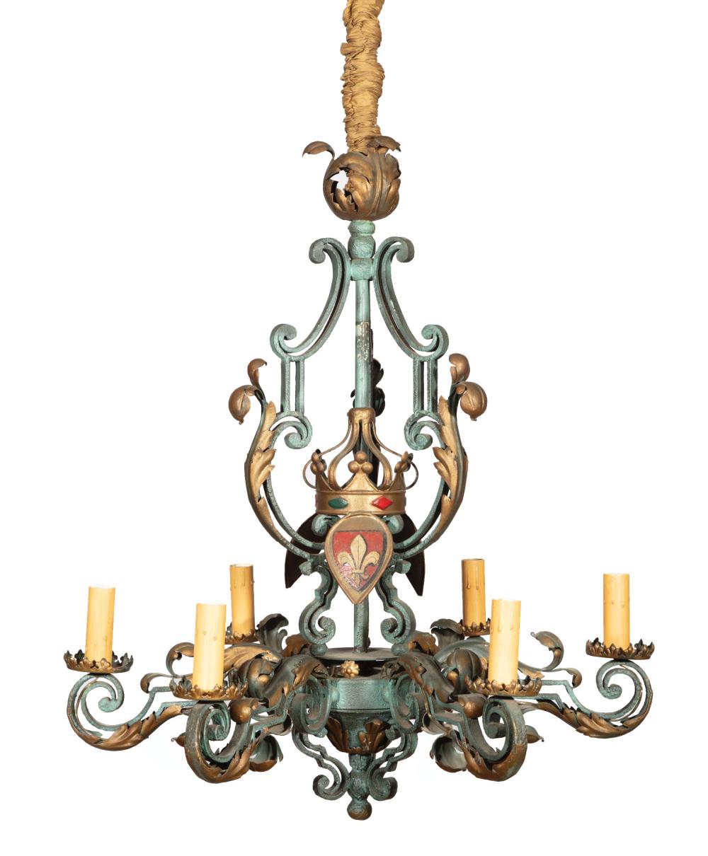 Appraisal: French Iron and Tole Peinte Six-Light Chandelier c scroll and