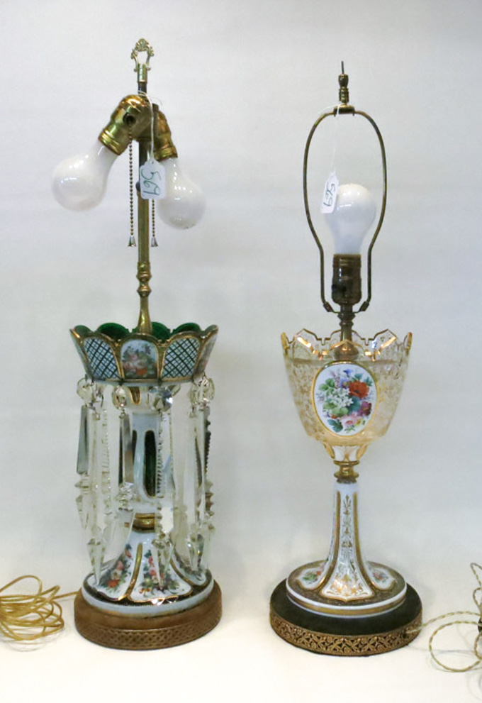 Appraisal: TWO BOHEMIAN GLASS TABLE LAMPS with cased green and clear