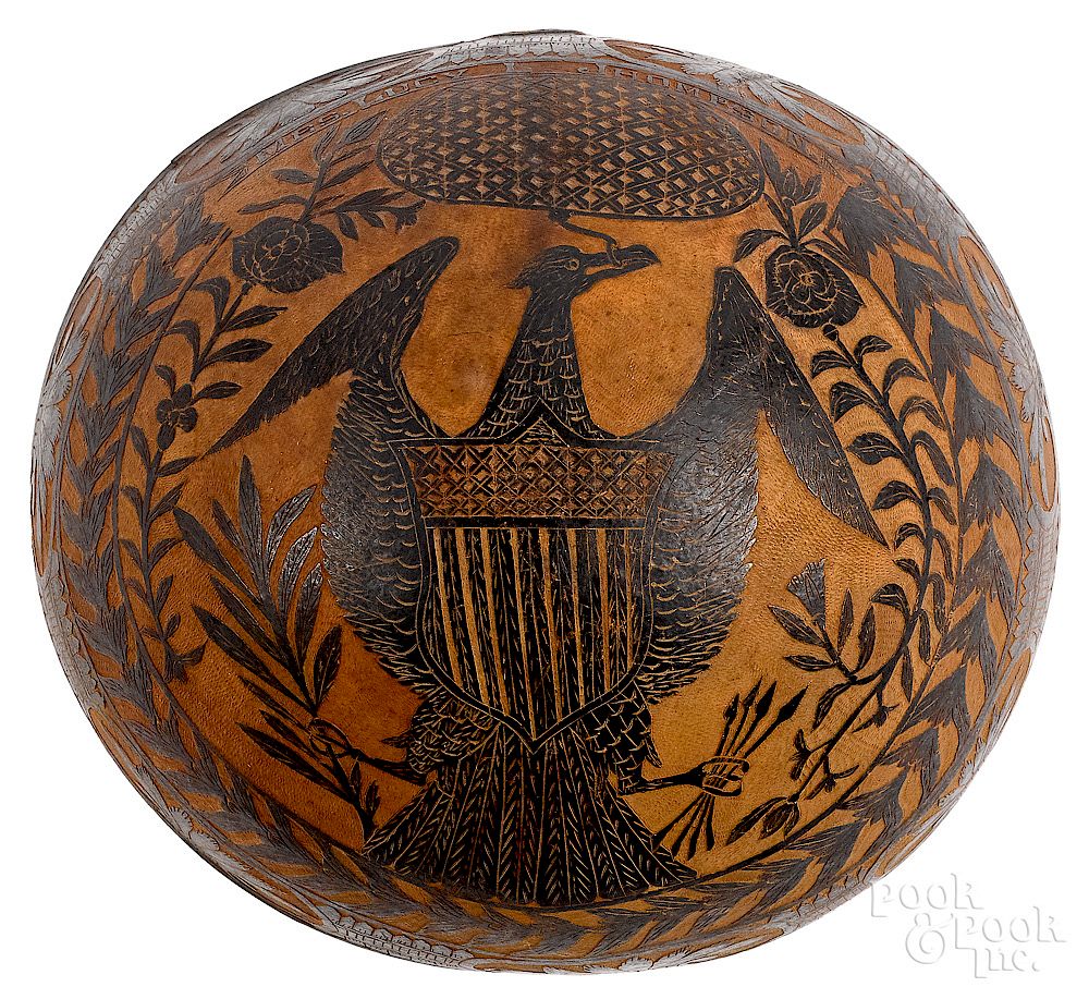 Appraisal: Large sailor's carved gourd Exclusive on Bidsquare Large sailor's carved