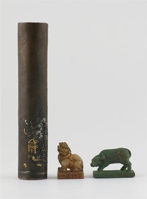 Appraisal: A Chinese bronze wrist rest moulded with small figures and