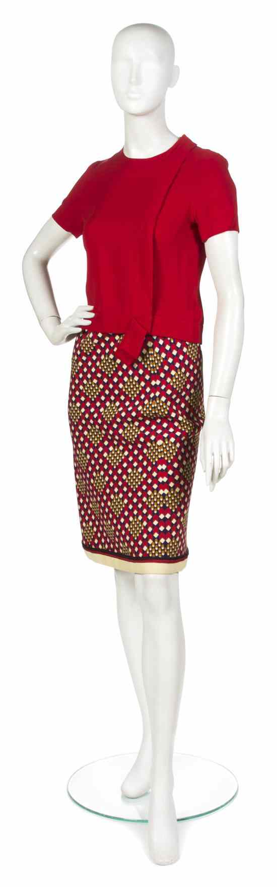 Appraisal: A Chanel Couture Multicolor Cotton Skirt Suit in a red