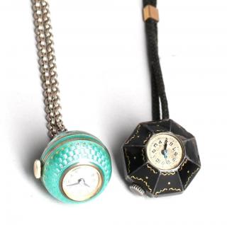 Appraisal: Vintage Enamel Watch Pendants Comprising a spherical Gubelin watch with